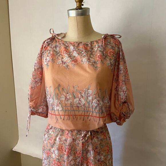 70s or 80s Sheer Floral Spring Summer Peach Dress - Picture 2 of 7